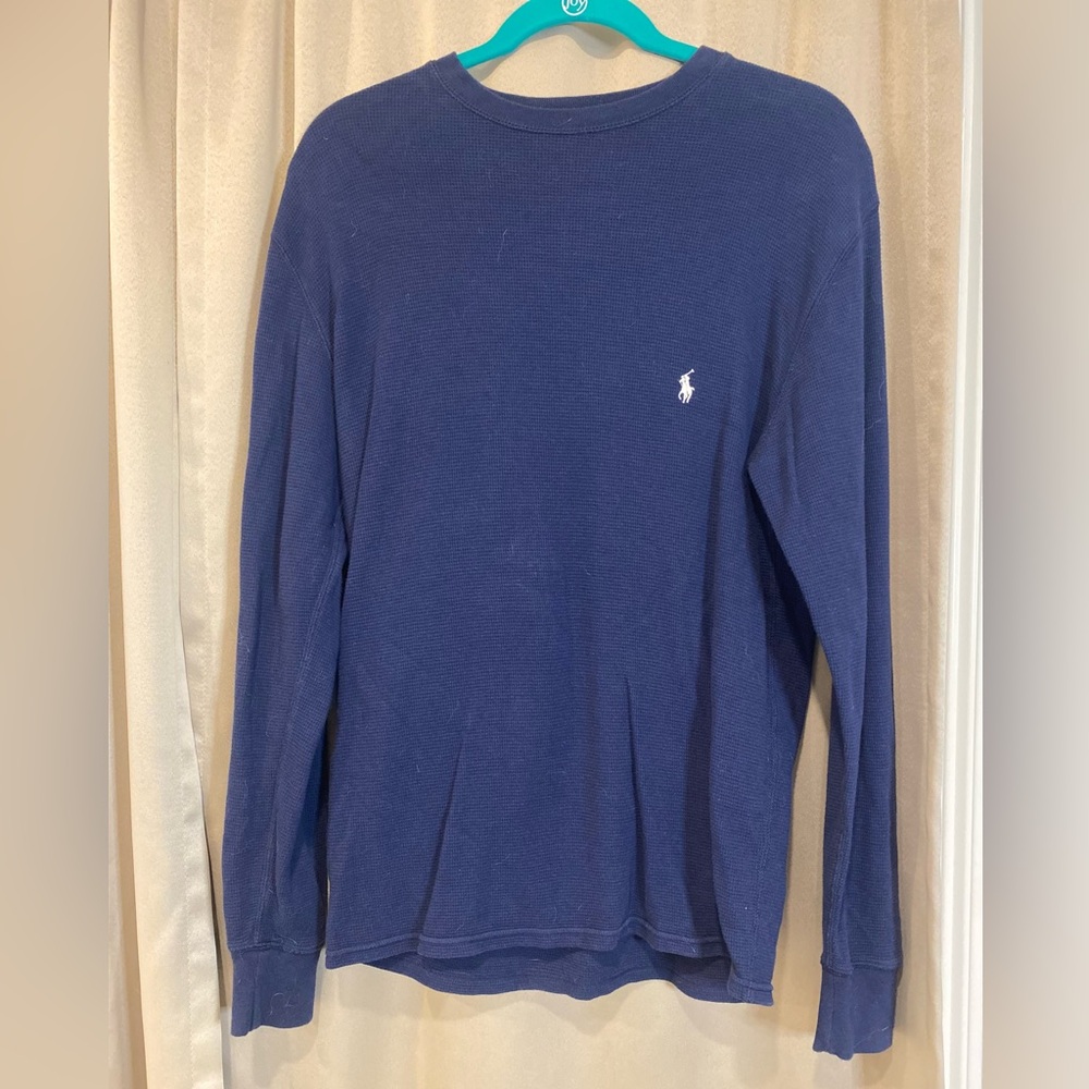 Waffle long sleeve Blue polo shirt white horse.